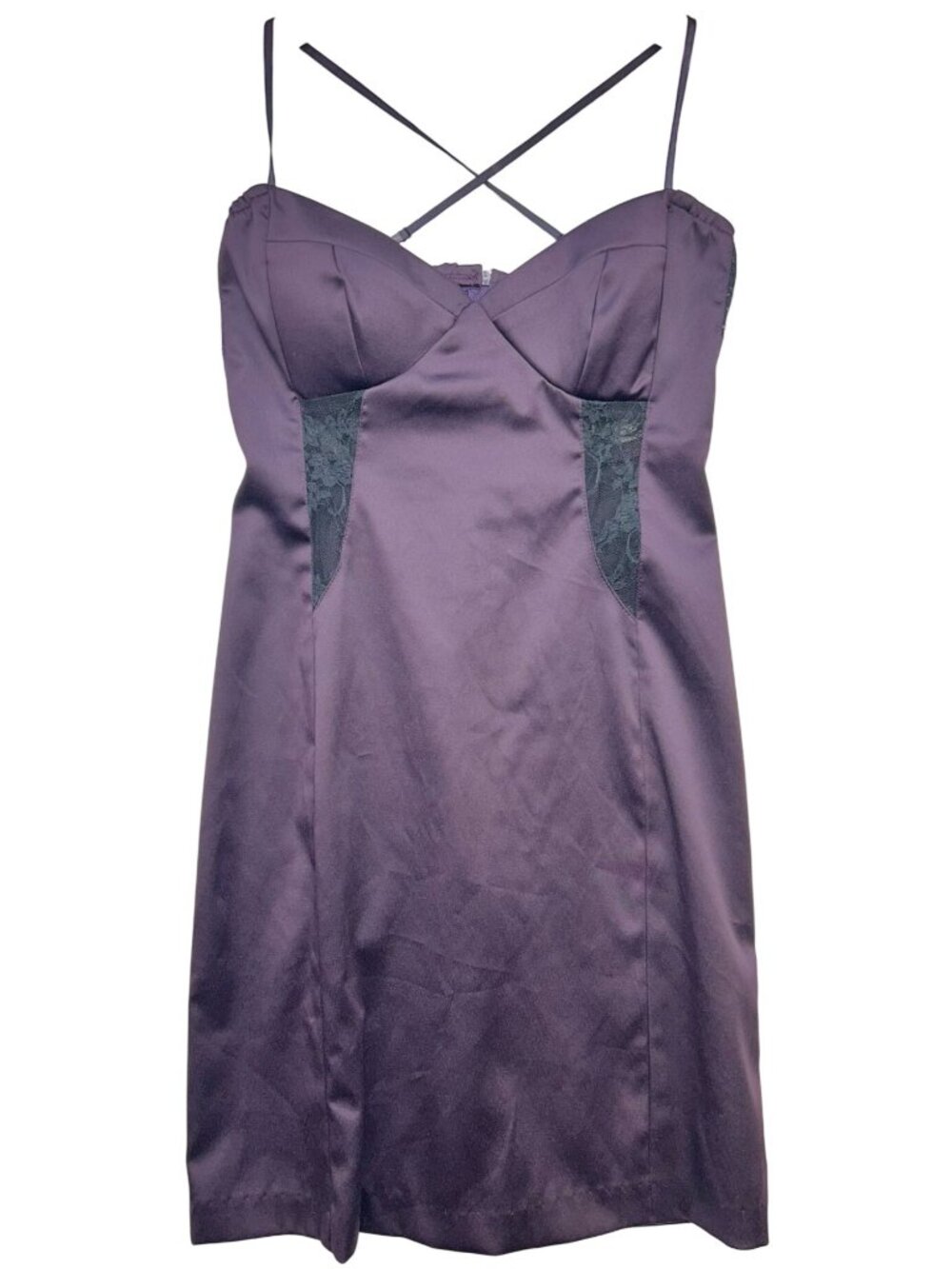 A'Gaci Womens Satin Corset Mini Dress Sleeveless Sz M Purple Black Lace Back Zip